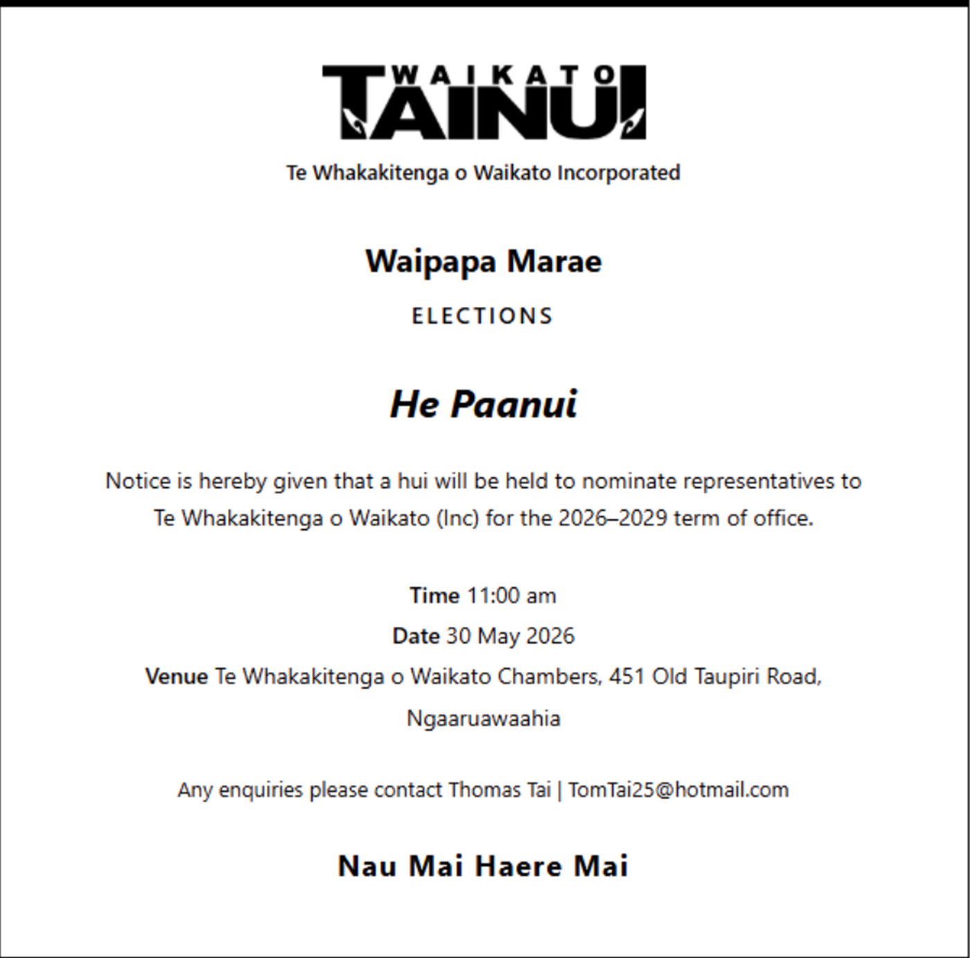 WHAKAKITENGA ELECTIONS | 30 May 2026 | Whakakitenga Chambers